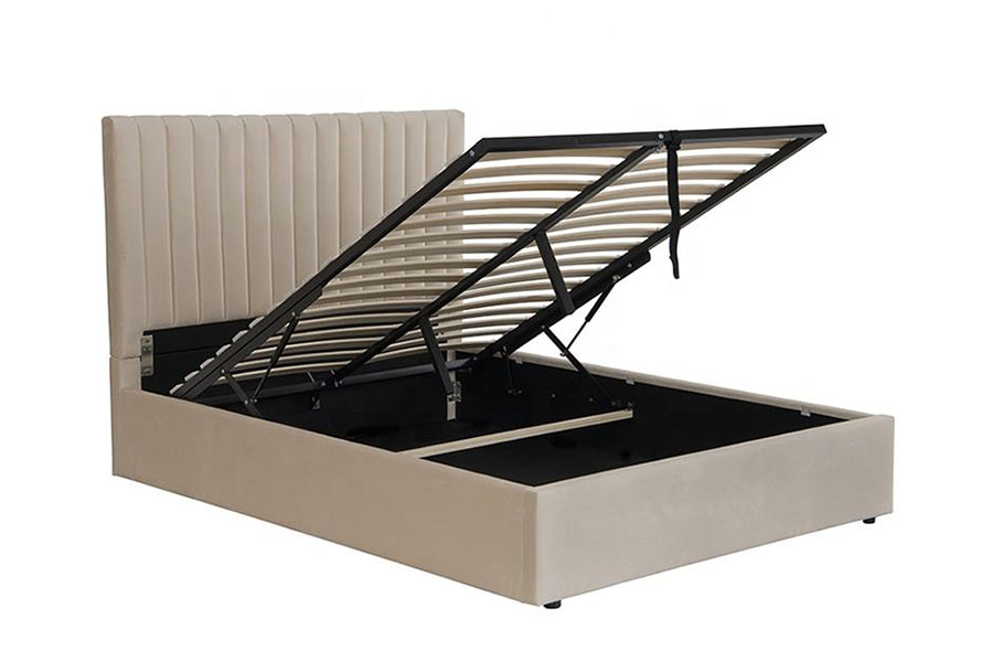 4088 Estructura de cama con almacenamiento otomana de terciopelo de lujo claro