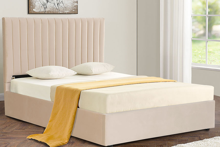 4088 Estructura de cama con almacenamiento otomana de terciopelo de lujo claro