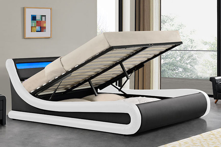 1138-1G Cama otomana de cuero PU con elevación a gas LED ondulada