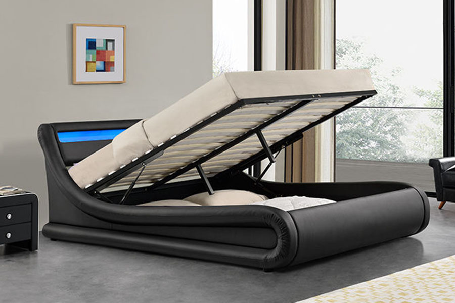 1138-1G Cama otomana de cuero PU con elevación a gas LED ondulada