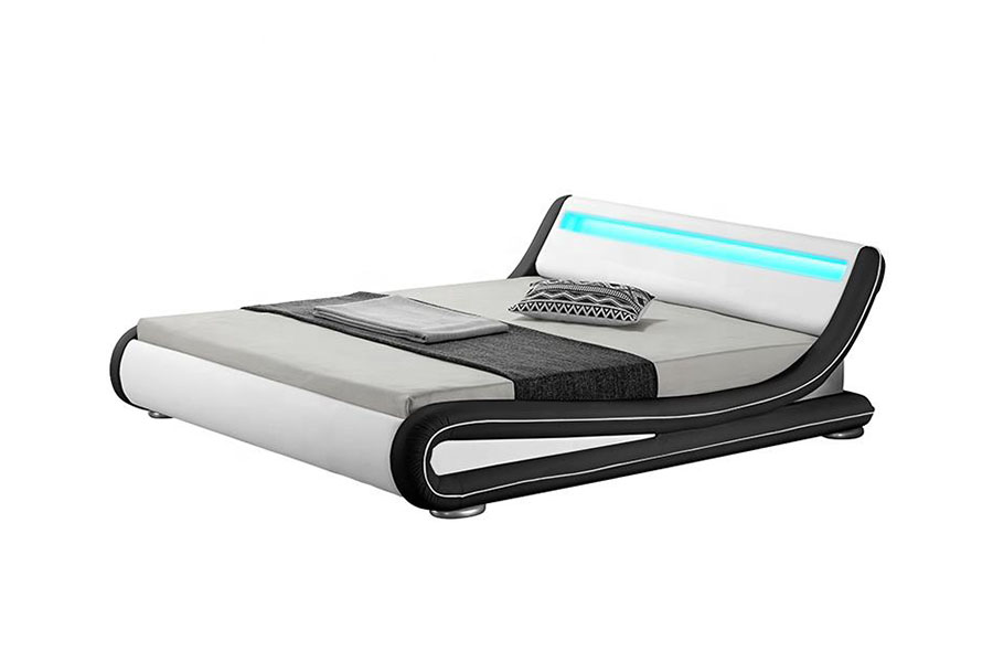 1137-1 Estructura de cama tapizada en cuero con almacenamiento King Smart LED