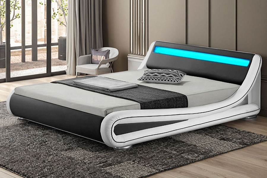 1137-1 Estructura de cama tapizada en cuero con almacenamiento King Smart LED
