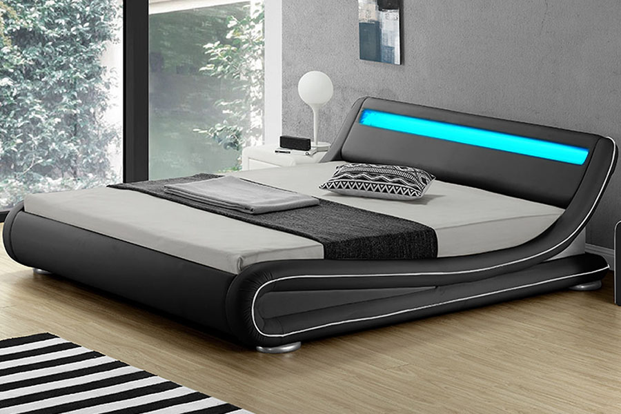 1137-1 Estructura de cama tapizada en cuero con almacenamiento King Smart LED