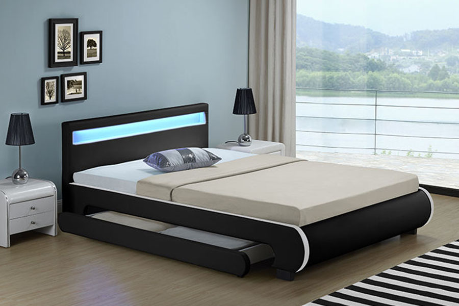 Cama de cuero PU con cajón tapizado con almacenamiento LED 1135-1D