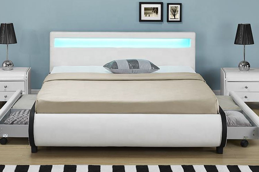 Cama de cuero PU con cajón tapizado con almacenamiento LED 1135-1D