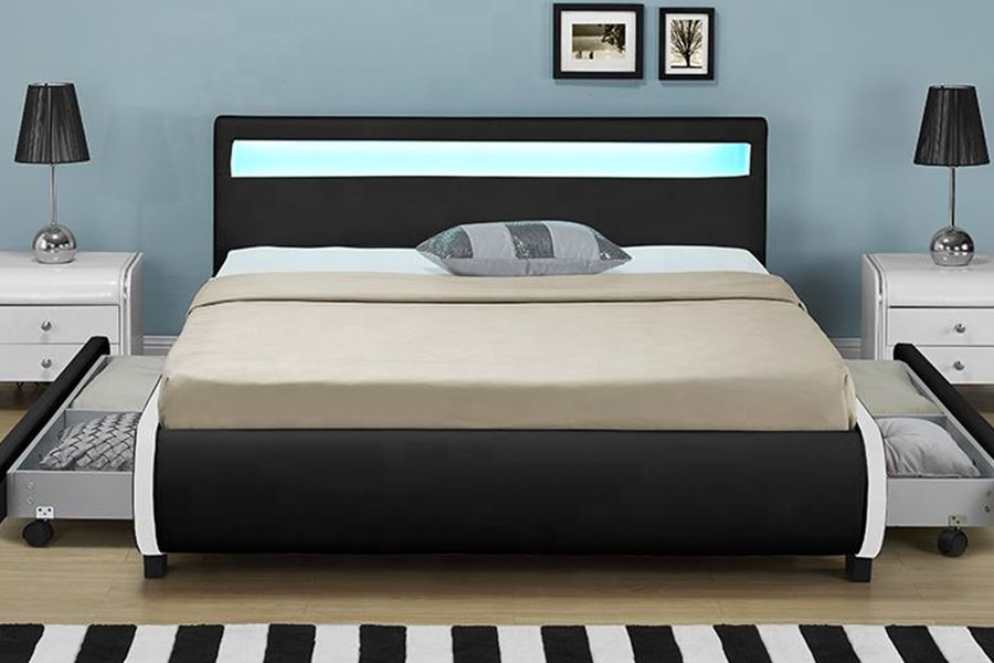 Cama de cuero PU con cajón tapizado con almacenamiento LED 1135-1D