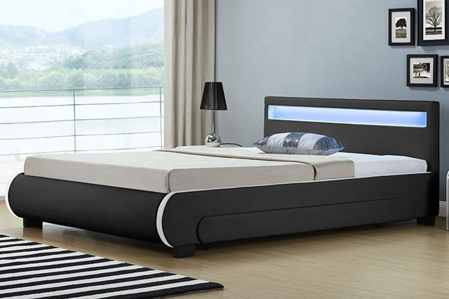Cama de cuero PU con cajón tapizado con almacenamiento LED 1135-1D