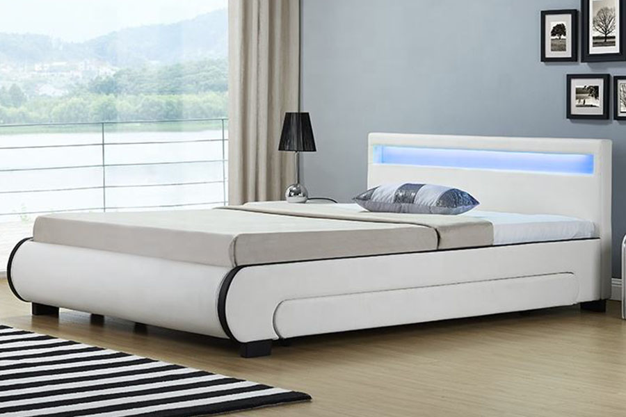 Cama de cuero PU con cajón tapizado con almacenamiento LED 1135-1D