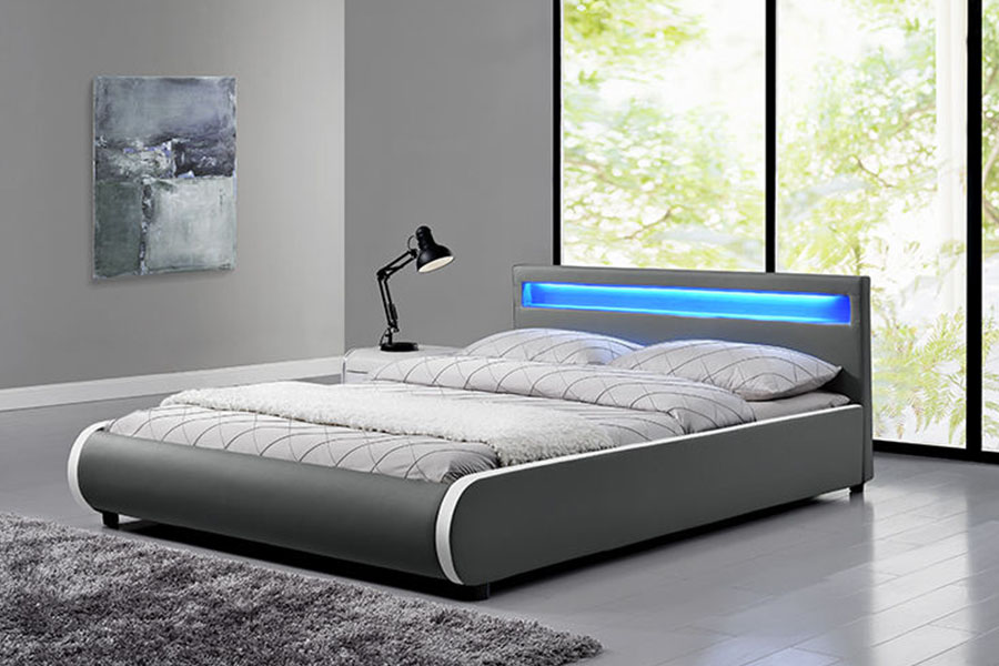 1125-1 Cama doble tapizada de madera maciza de cuero PU
