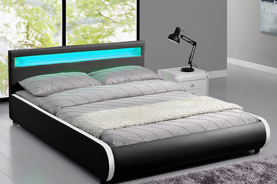 1125-1 Cama doble tapizada de madera maciza de cuero PU