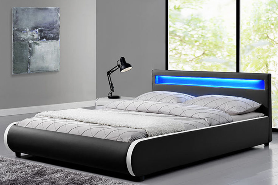 1125-1 Cama doble tapizada de madera maciza de cuero PU