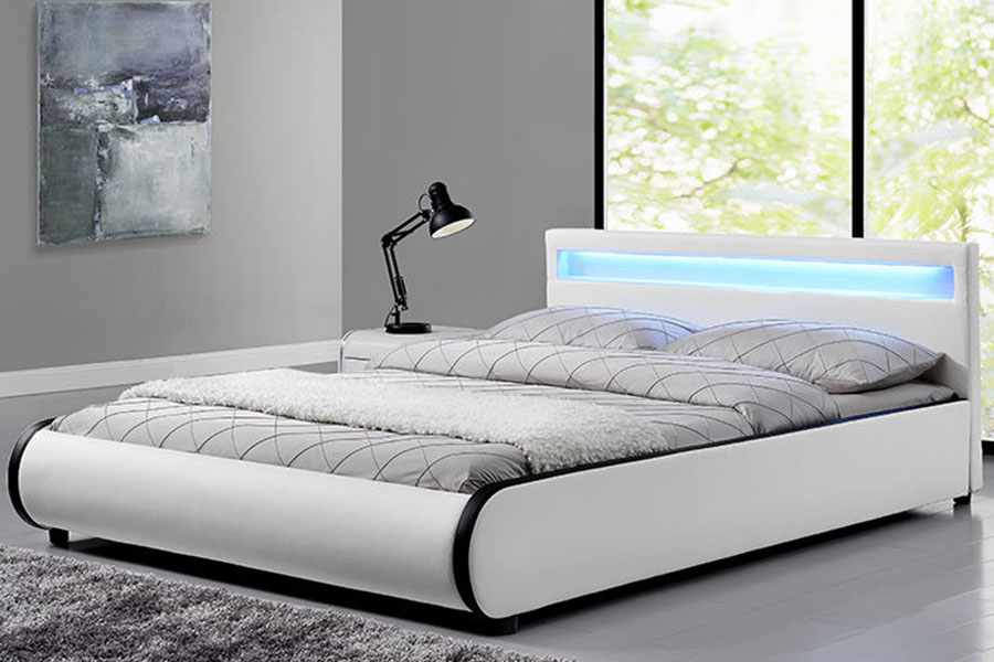 1125-1 Cama doble tapizada de madera maciza de cuero PU