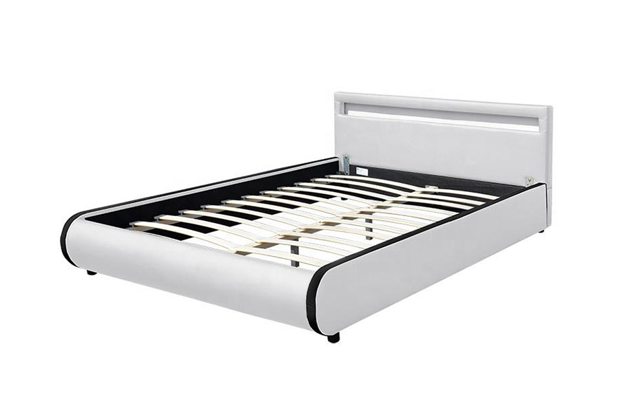 1125-1 Cama doble tapizada de madera maciza de cuero PU