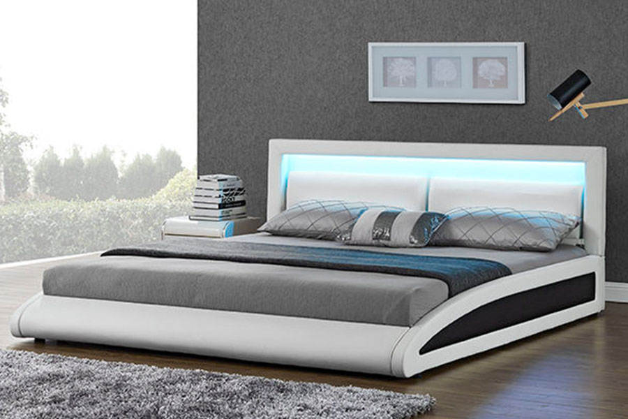 1118-1-2 Marco de cama LED inteligente de cuero sintético europeo curvado