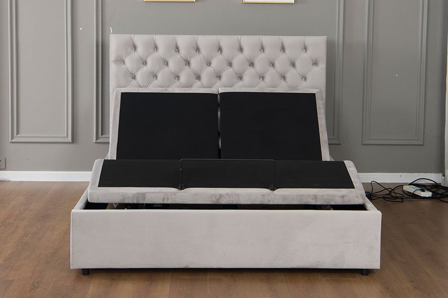4963 Estructura de cama eléctrica ajustable con almacenamiento de diamantes de terciopelo gris
