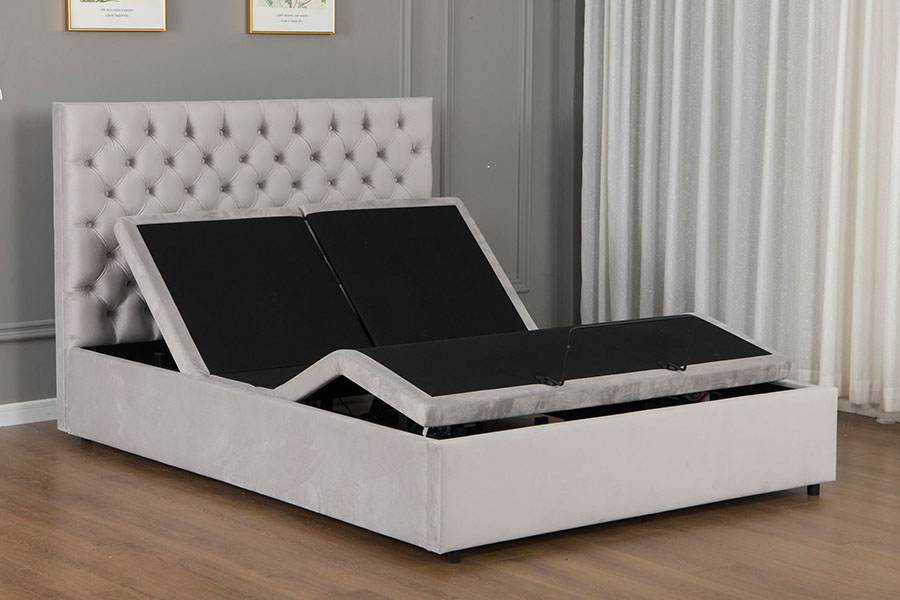 4963 Estructura de cama eléctrica ajustable con almacenamiento de diamantes de terciopelo gris