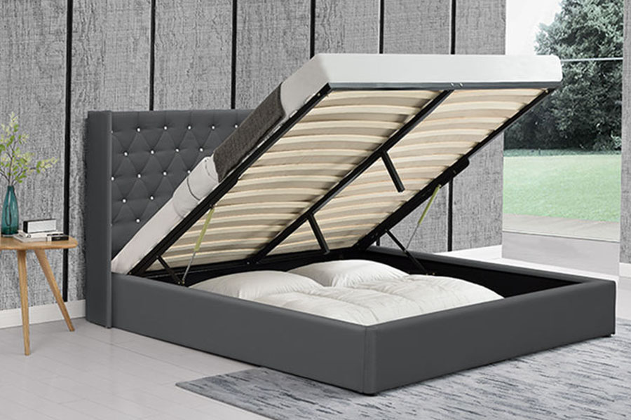 Cama con almacenaje y elevación a gas de terciopelo con ala lateral y botones 1152G