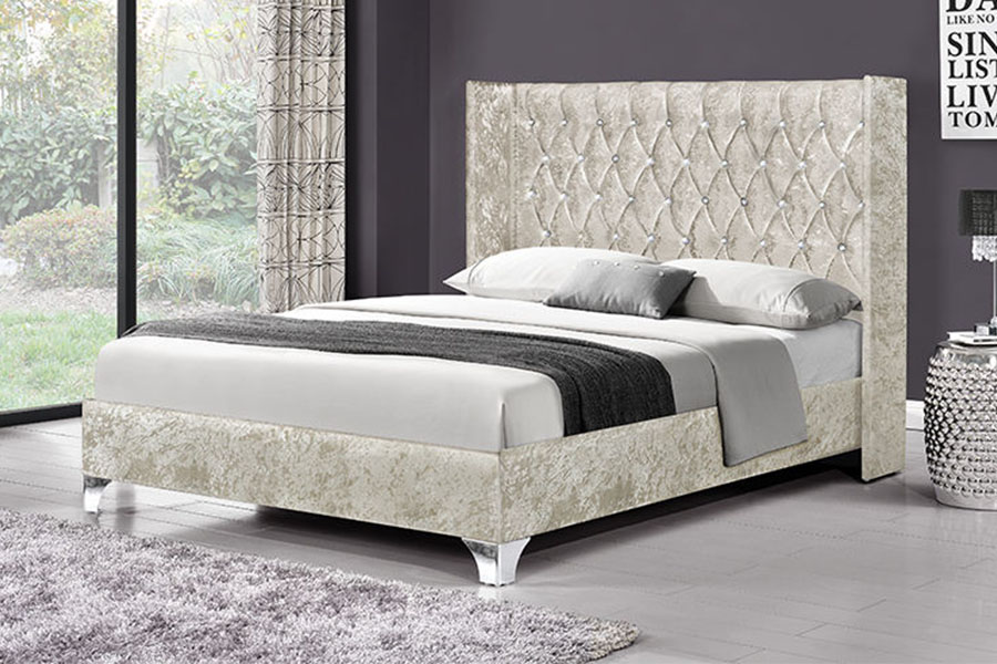 Cama con almacenaje y elevación a gas de terciopelo con ala lateral y botones 1152G