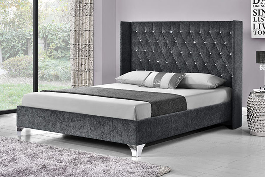 Cama con almacenaje y elevación a gas de terciopelo con ala lateral y botones 1152G