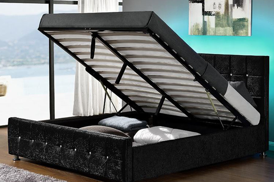 1149-1G Cama moderna con almacenamiento y elevación a gas LED de terciopelo de chenilla