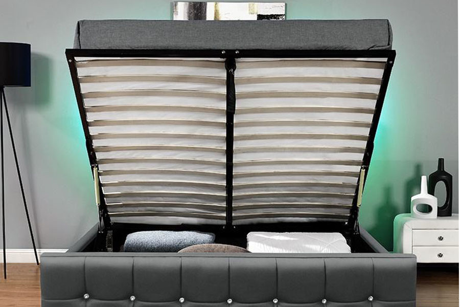 1149-1G Cama moderna con almacenamiento y elevación a gas LED de terciopelo de chenilla