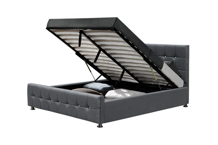 1149-1G Cama moderna con almacenamiento y elevación a gas LED de terciopelo de chenilla