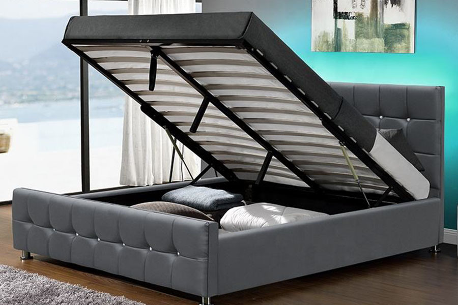 1149-1G Cama moderna con almacenamiento y elevación a gas LED de terciopelo de chenilla
