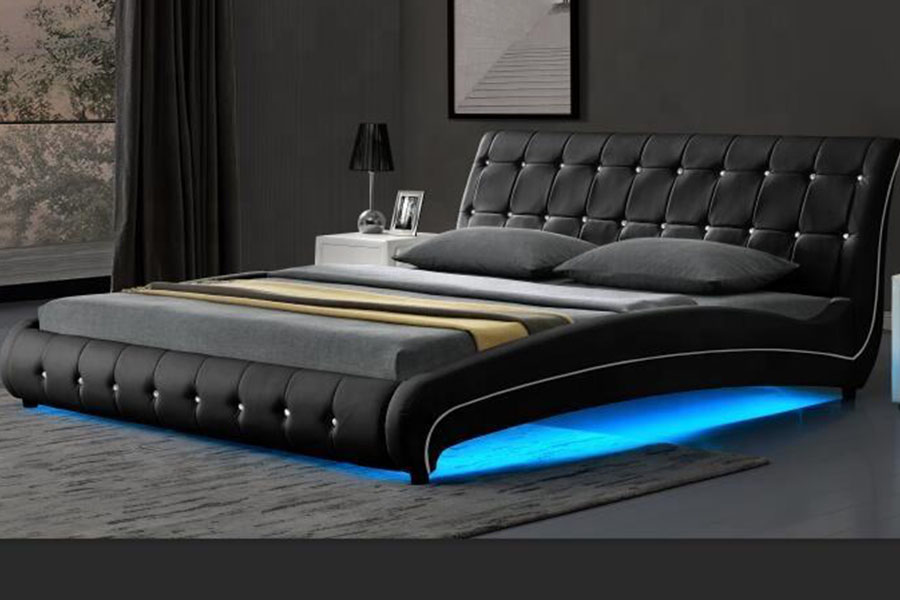 1144-1 Marco de cama tapizado con LED de lujo de cuero sintético capitoné
