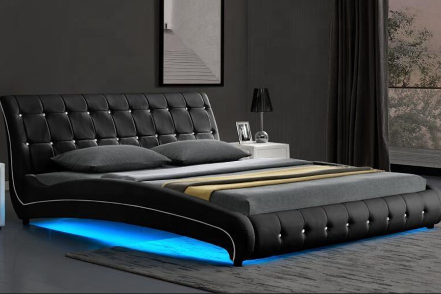1144-1 Marco de cama tapizado con LED de lujo de cuero sintético capitoné