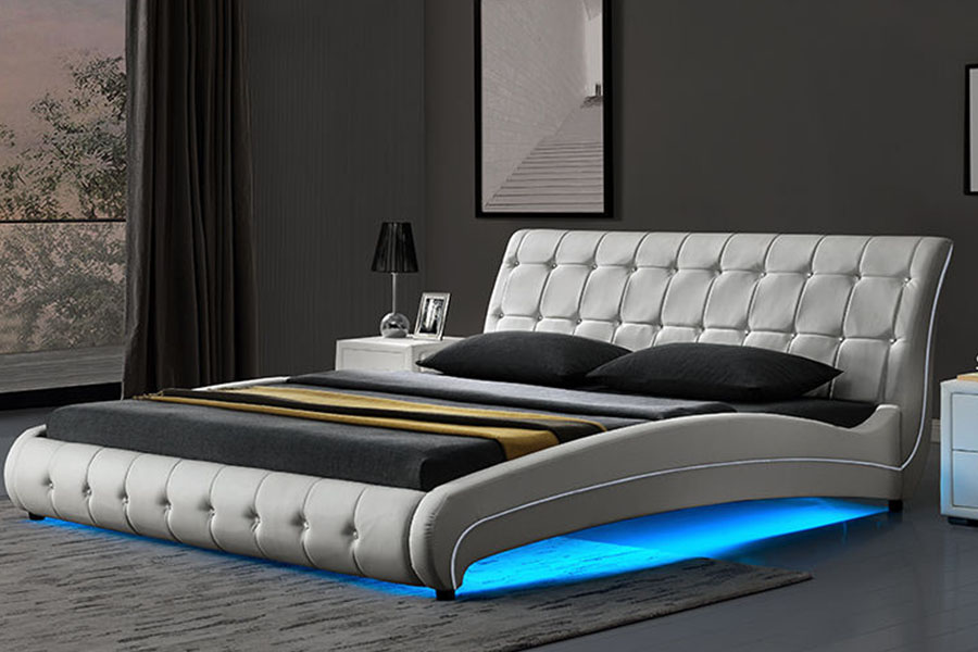 1144-1 Marco de cama tapizado con LED de lujo de cuero sintético capitoné