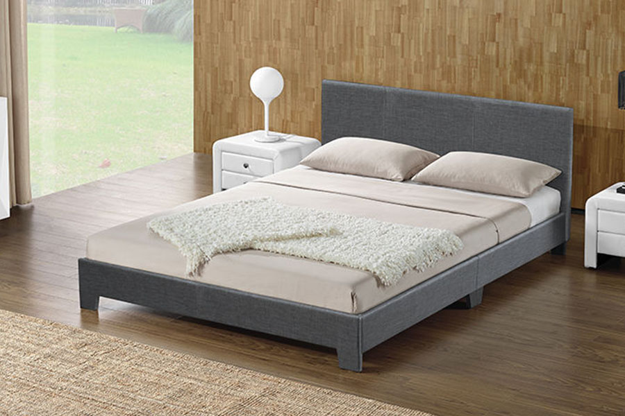 1142-2 Marco de cama tamaño queen de madera, tela de lino, estilo americano