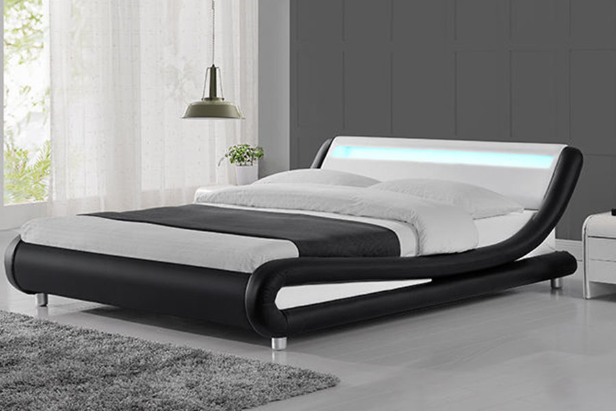 1140-1 Estructura de cama tapizada con LED de cuero sintético en dos tonos