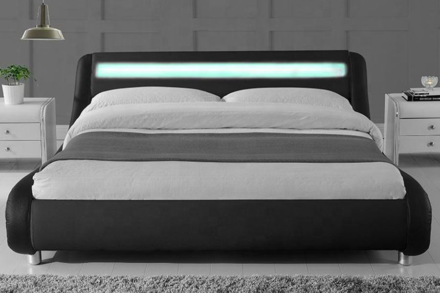 1140-1 Estructura de cama tapizada con LED de cuero sintético en dos tonos