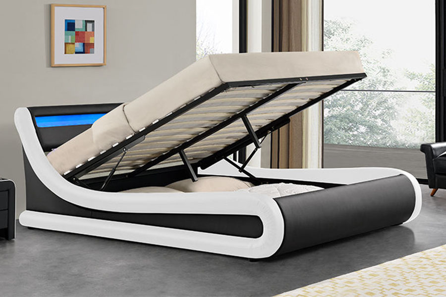 Marco de cama tapizado en cuero PU con tamaño King LED otomano 1138G