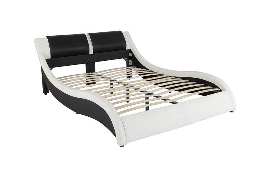 1178-1 Cama tapizada Queen King de cuero con marco LED ondulado