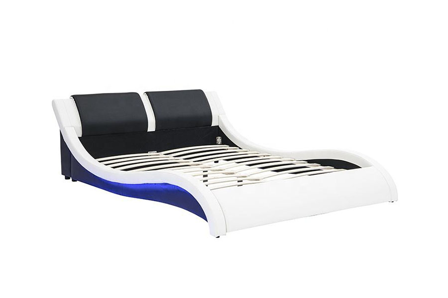 1178-1 Cama tapizada Queen King de cuero con marco LED ondulado