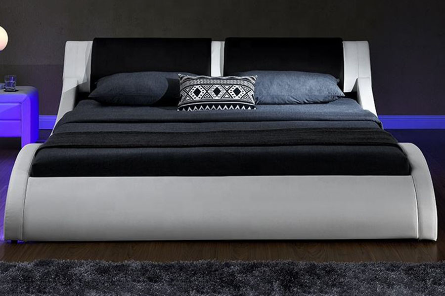 1178-1 Cama tapizada Queen King de cuero con marco LED ondulado