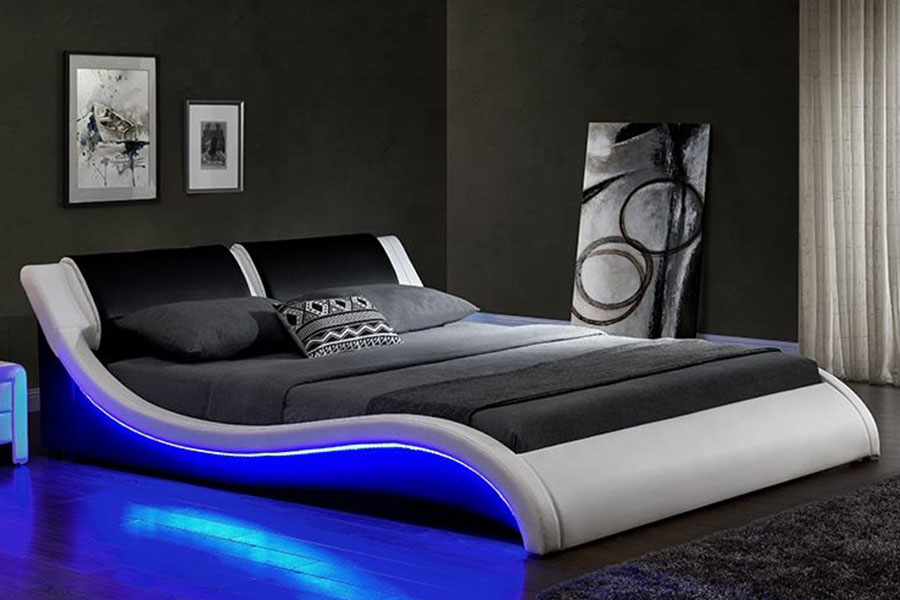 1178-1 Cama tapizada Queen King de cuero con marco LED ondulado