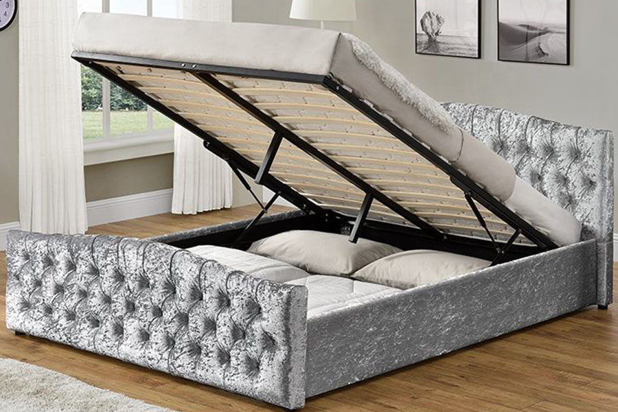 Cama con almacenamiento de panel suave otomana con elevación a gas de tela de lino 1173G