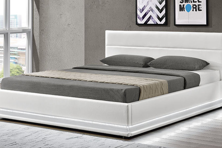1165-1G Marco de cama tapizado LED con almacenamiento de cuero de lujo moderno