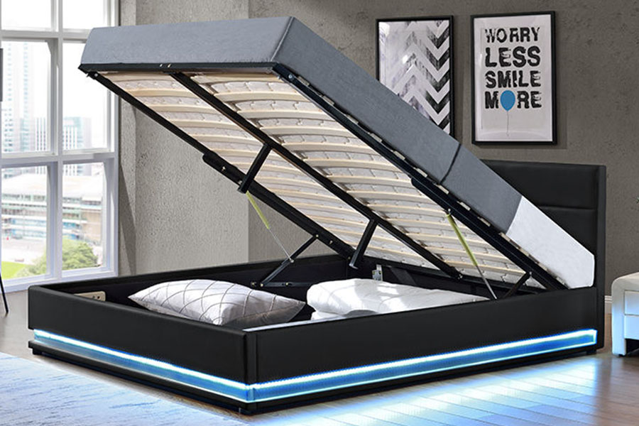 1165-1G Marco de cama tapizado LED con almacenamiento de cuero de lujo moderno