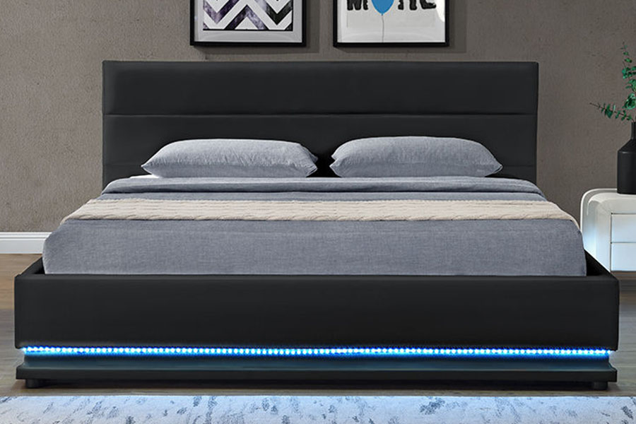 1165-1G Marco de cama tapizado LED con almacenamiento de cuero de lujo moderno