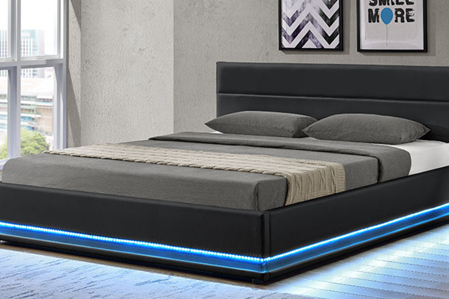 1165-1G Marco de cama tapizado LED con almacenamiento de cuero de lujo moderno
