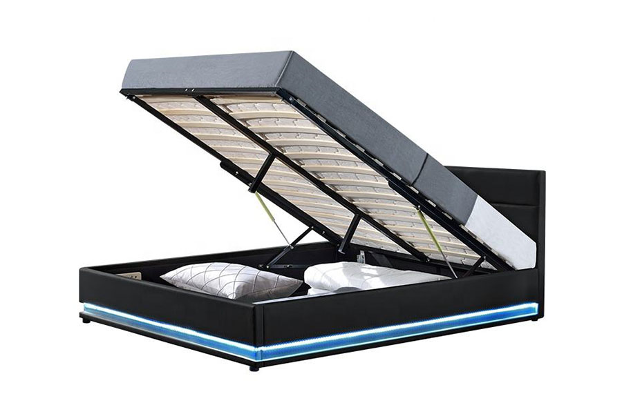 1165-1G Marco de cama tapizado LED con almacenamiento de cuero de lujo moderno