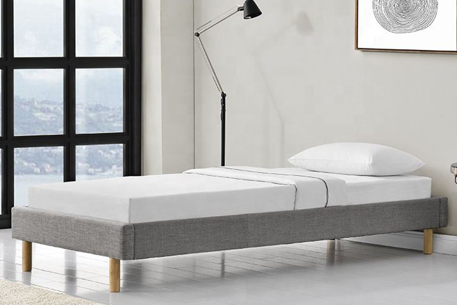 1159B Cama individual de alta calidad, tela de lino, pies de madera modernos