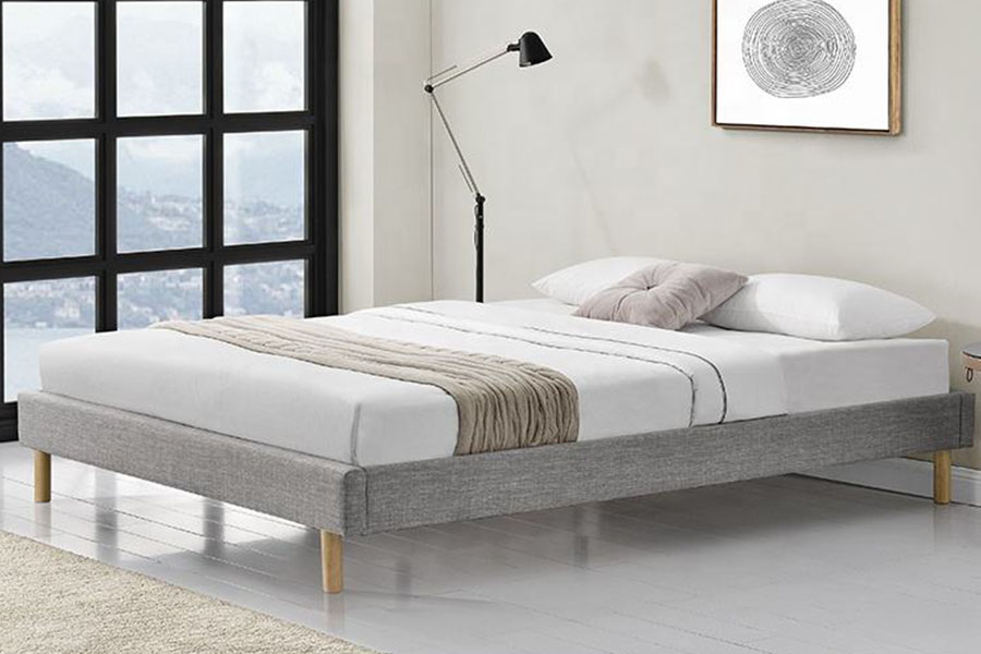 1159B Cama individual de alta calidad, tela de lino, pies de madera modernos