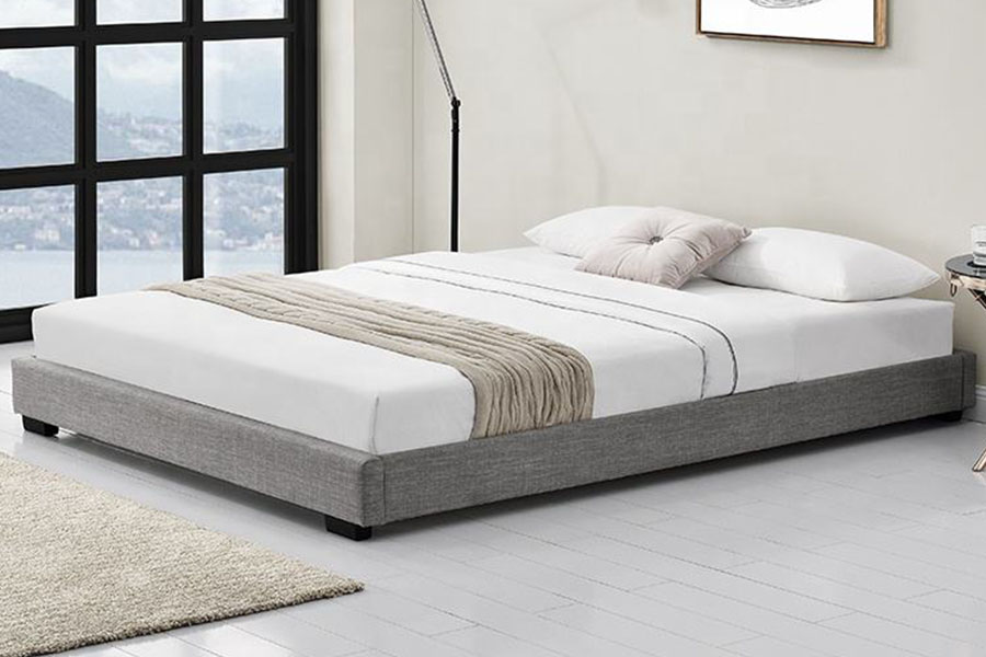 1159A Cama King Queen tapizada con marco de madera maciza de lino