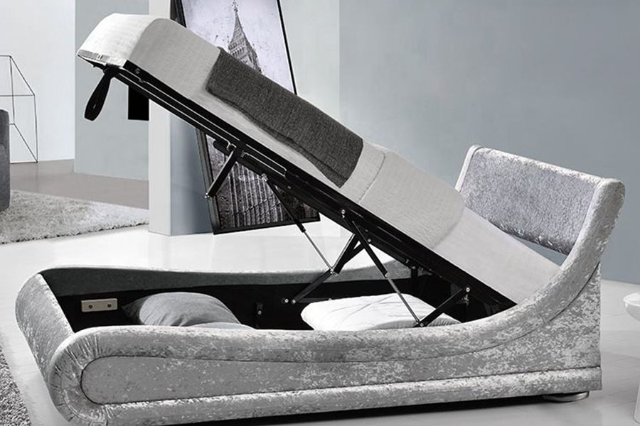 Estructura de cama con almacenamiento y elevación a gas otomana LED de terciopelo triturado