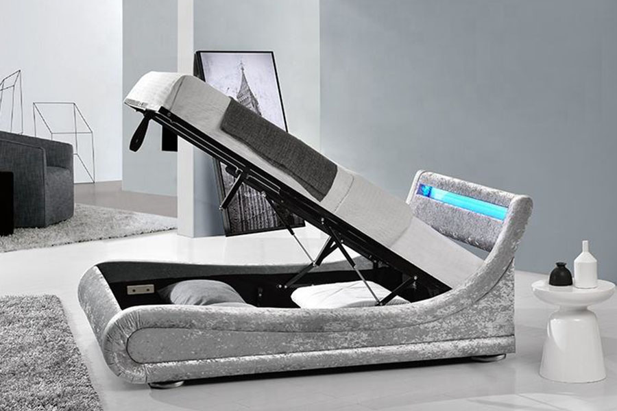 Estructura de cama con almacenamiento y elevación a gas otomana LED de terciopelo triturado