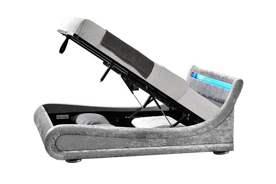 Estructura de cama con almacenamiento y elevación a gas otomana LED de terciopelo triturado